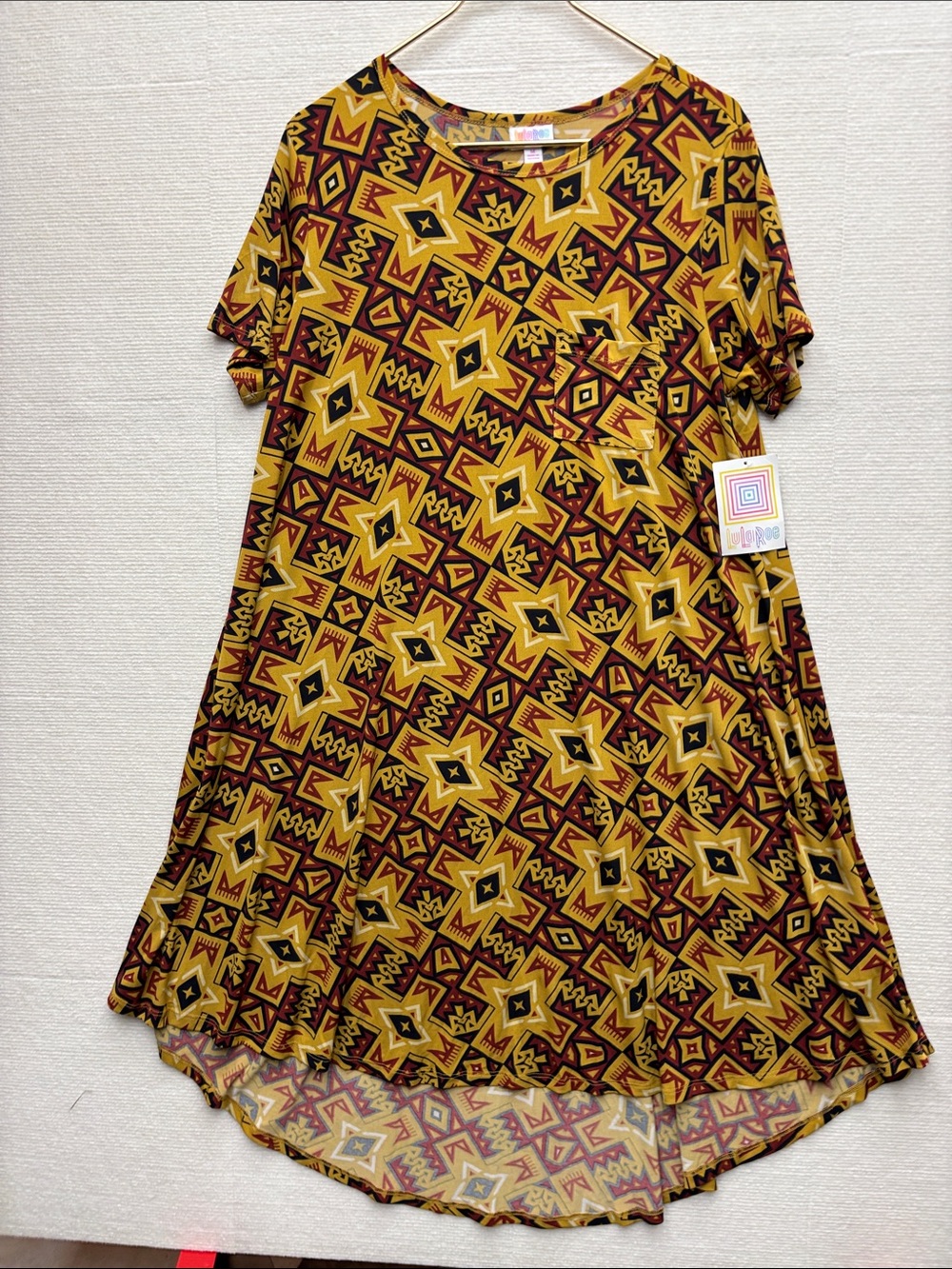 LuLaRoe Mustard & Burgundy Aztec Print Tee Dress m